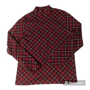 croft & barrow Red Cotton Plaid Tartan Plaid Mock Turtle Neck LS Top Women's M